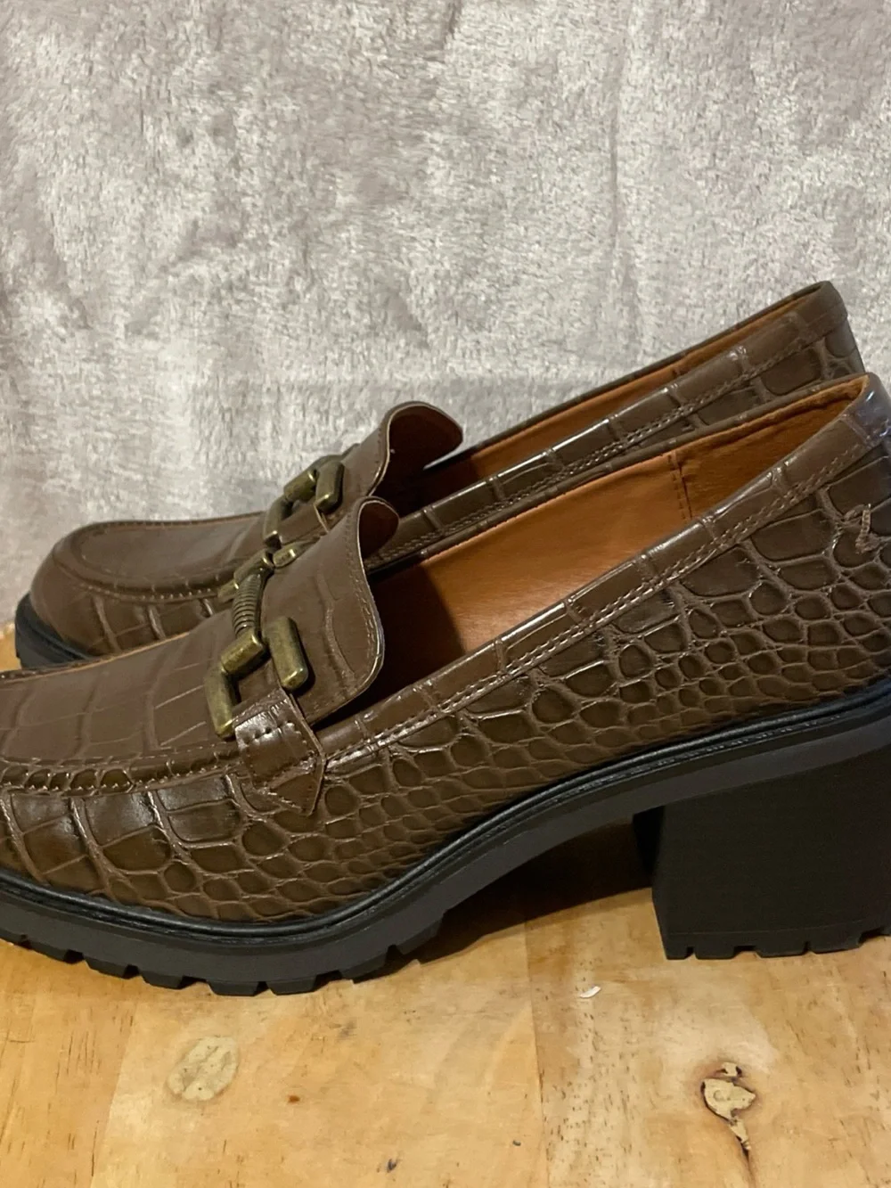 Zodiac Brown Croc-Embossed Platform Loafers with Brass-Tone Bit